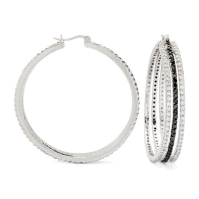 13.00 ct. t.w. Black & White CZ Snapbar Hoop Earrings In Sterling Silver &mdash; Alt Image 1