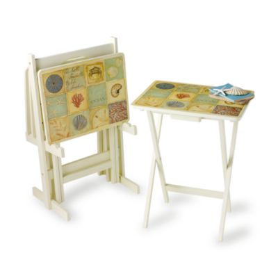 Set of 4 Coastal Collage Tv Tray Tables With Stand &mdash; Alt Image 1