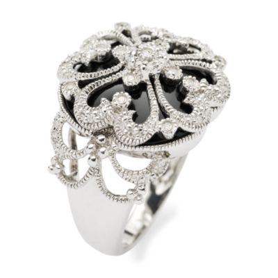 Onyx Ring With Antique-Inspired Diamond Overlay In Sterling Silver &mdash; Alt Image 2
