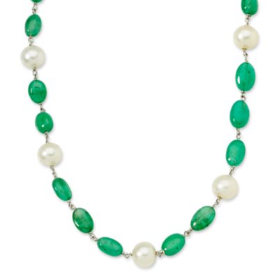 22.20 ct. t.w. Emerald Necklace With Cultured Pearls In 18kt White Gold. 16" &mdash; Alt Image 1