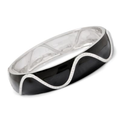 Diamond Accent Wave Bangle Bracelet In Black Enamel and Sterling Silver &mdash; Alt Image 1