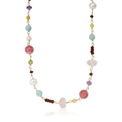 Cultured Pearl and Multicolored Gem Necklace In 14kt Yellow Gold &mdash; Alt Image 1