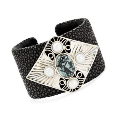 Ross-Simons - Stingray Cuff Bracelet With Turquoise and Cultured Pearl In Sterling Silver . 7
