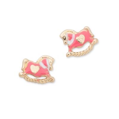 Child's Pink Enamel Rocking Horse Earrings In 14kt Yellow Gold &mdash; Alt Image 1