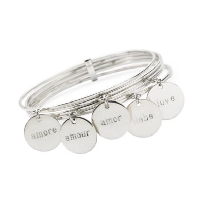 Set of 5 Bangle Bracelets With Love Charms In  Sterling Silver. 8" &mdash; Alt Image 1