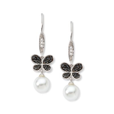 .20 ct. t.w. Black CZ Butterfly Earrings With Faux Pearl In Sterling Silver    &mdash; Alt Image 1