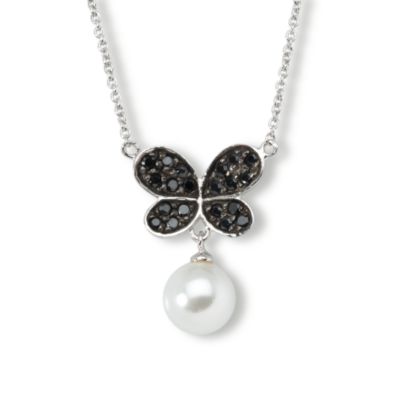 .40 ct. t.w. Black CZ Butterfly Necklace With Faux Pearl In Sterling Silver &mdash; Alt Image 1