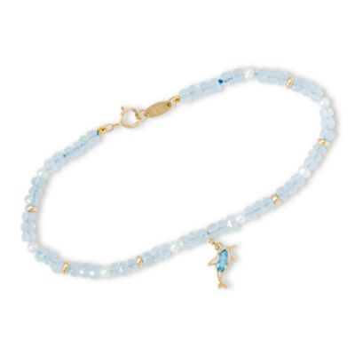 Blue Topaz Bracelet With Cultured Pearl Beads and Dolphin Charm In 14kt Yellow Gold &mdash; Alt Image 1