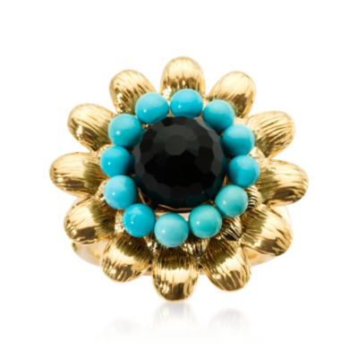 Black Onyx and Turquoise Blossom Ring In 14kt Yellow Gold &mdash; Alt Image 1
