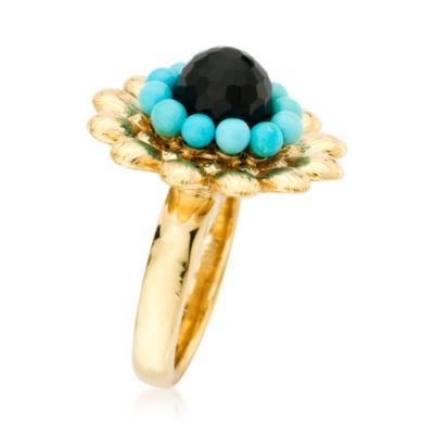 Black Onyx and Turquoise Blossom Ring In 14kt Yellow Gold &mdash; Alt Image 2