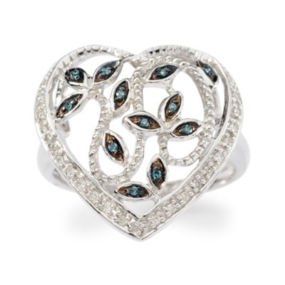 Heart Ring With .10 ct. t.w. Blue and White Diamond Leaves In Sterling Silver &mdash; Alt Image 1