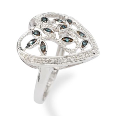 Heart Ring With .10 ct. t.w. Blue and White Diamond Leaves In Sterling Silver &mdash; Alt Image 2