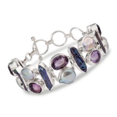 41.50 ct. t.w. Gem Mosaic Bracelet With Cultured Pearl In Sterling Silver. 7.5" &mdash; Alt Image 1