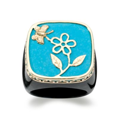 Gray Jade Ring With Turquoise Floral Top In 14kt Yellow Gold &mdash; Alt Image 1