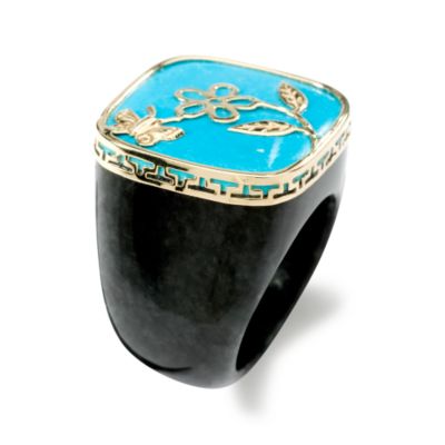 Gray Jade Ring With Turquoise Floral Top In 14kt Yellow Gold &mdash; Alt Image 2