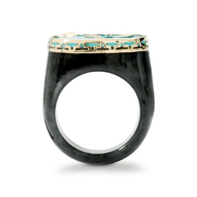 Gray Jade Ring With Turquoise Floral Top In 14kt Yellow Gold &mdash; Alt Image 3