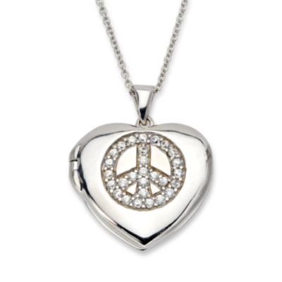 Heart Locket Necklace With CZ Peace Sign In Sterling Silver &mdash; Alt Image 1