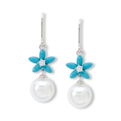 Turquoise Earrings With CZ and Faux Pearl In Sterling Silver &mdash; Alt Image 1