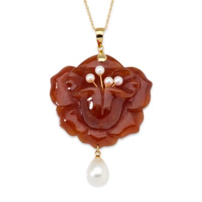 Red Jade and Cultured Pearl Necklace In 14kt Yellow Gold &mdash; Alt Image 1