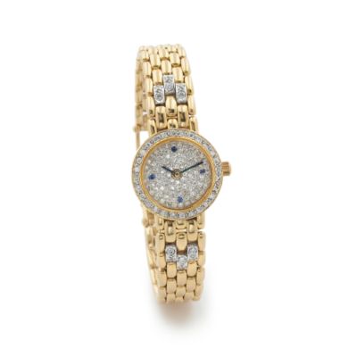 C. 1990 Vintage Women's Watch With Diamonds and Sapphires In 18kt Yellow Gold. 5.75" &mdash; Alt Image 1
