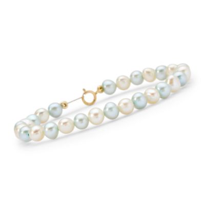 Child's Blue and White Cultured Pearl Baby Bracelet In 14kt Yellow Gold. 5.5" &mdash; Alt Image 1