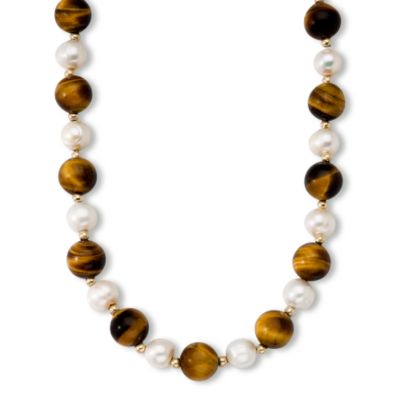 Tiger's Eye and 8-8.5mm Cultured Pearl Necklace In Sterling Silver &mdash; Alt Image 1