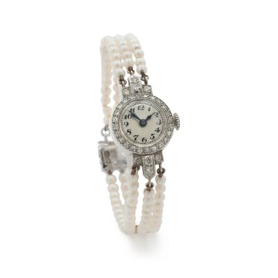 C. 1930 Vintage Cresarrow Women's Diamond Watch With Cultured Pearls In Platinum. 6.25" &mdash; Alt Image 1