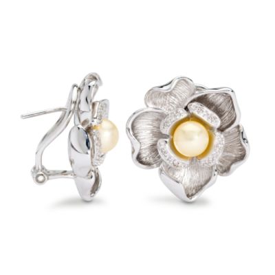 Golden Cultured Pearl Blossom Earrings In Sterling Silver &mdash; Alt Image 1