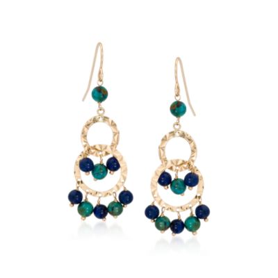 Lapis and Turquoise Circle-Drop Earrings In 14kt Yellow Gold &mdash; Alt Image 1