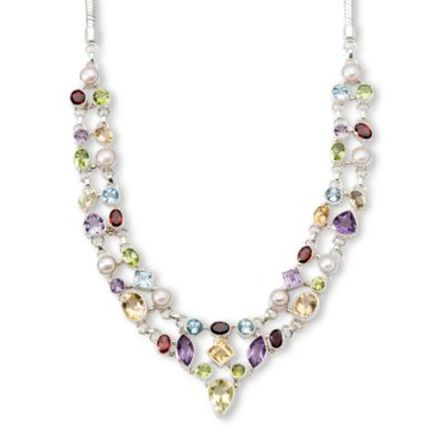 63.00 ct. t.w. Mixed Gem Bib Necklace In Sterling Silver. 17" &mdash; Alt Image 1