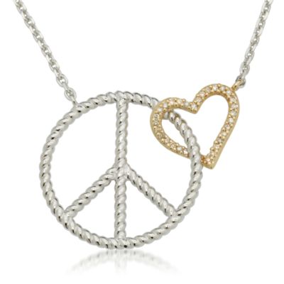 Christie Brinkley Peace Sign and Diamond Heart Necklace In Sterling Silver and 14kt Yellow Gold
