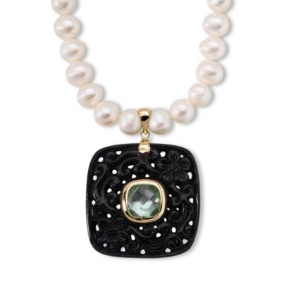 Cultured Pearl Necklace With Green Amethyst and Black Jade In 14kt Yellow Gold. 20" &mdash; Alt Image 1
