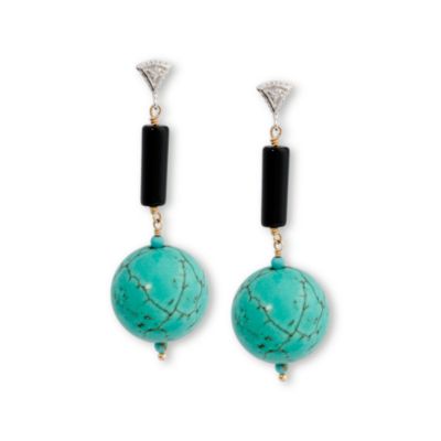 Black Onyx and Turquoise Earrings In 14kt Yellow Gold &mdash; Alt Image 1