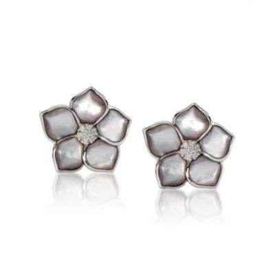 Black Mother-Of-Pearl Flower Earrings With Diamond In Sterling Silver &mdash; Alt Image 1