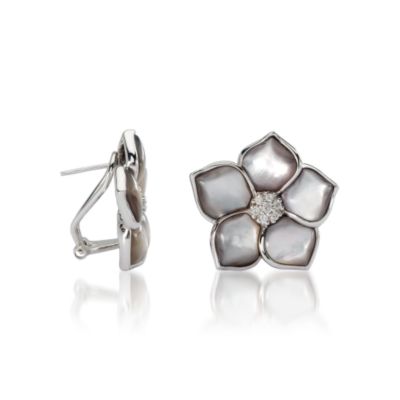 Black Mother-Of-Pearl Flower Earrings With Diamond In Sterling Silver &mdash; Alt Image 2