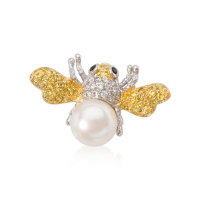 10mm Cultured Pearl and .40 ct. t.w. CZ Bumblebee Pin In Sterling Silver. Pin &mdash; Alt Image 1