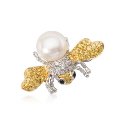 10mm Cultured Pearl and .40 ct. t.w. CZ Bumblebee Pin In Sterling Silver. Pin &mdash; Alt Image 2