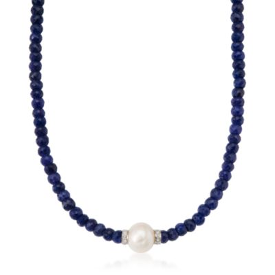 Cultured Pearl and Sapphire Bead Necklace In Sterling Silver &mdash; Alt Image 1