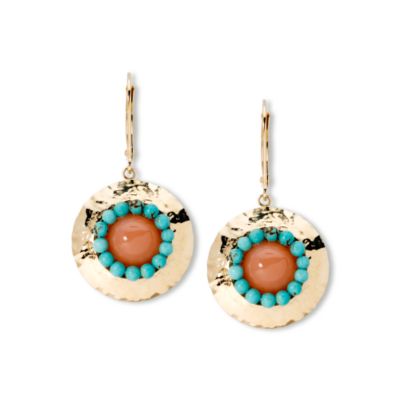 Moonstone and Turquoise Disc Earrings In 14kt Yellow Gold &mdash; Alt Image 1