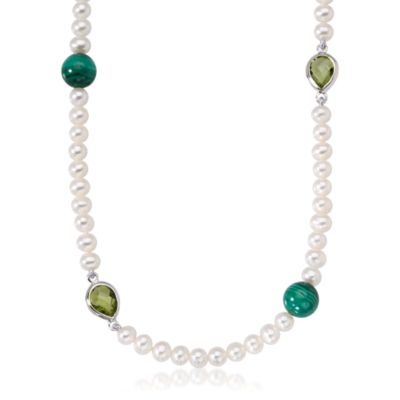 4-5mm Cultured Pearl, Malachite and Peridot Necklace In Sterling Silver &mdash; Alt Image 1