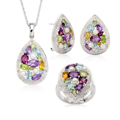 3-Piece Necklace Ring and Earring Jewelry Set With Multi-Gem and Cultured Pearls In Sterling Silver &mdash; Alt Image 1
