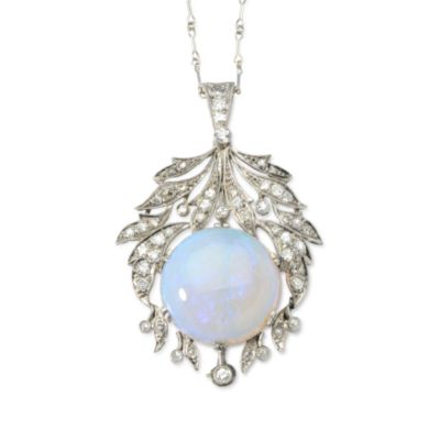 C. 1900 Vintage .90 ct. t.w. Diamond Necklace Brooch With  Opal In Platinum. 15" &mdash; Alt Image 1