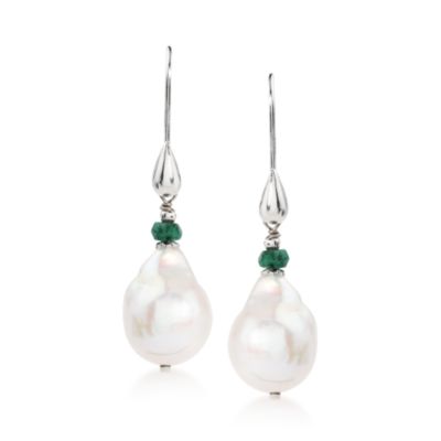11-12mm Baroque Cultured Pearl and Emerald Earrings In Sterling Silver. Earwire Earrings &mdash; Alt Image 1