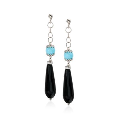 Turquoise and Black Agate Drop Earrings In Sterling Silver &mdash; Alt Image 1