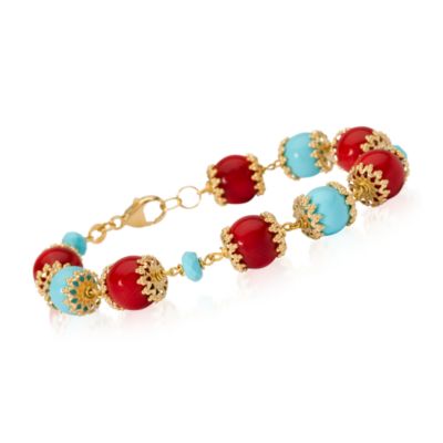 Italian Red Coral and Turquoise Bead Bracelet In Vermeil &mdash; Alt Image 1