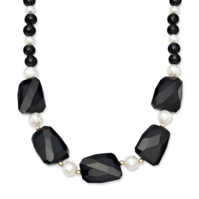 Black Onyx and Cultured Pearl Necklace In 14kt Yellow Gold. 20" &mdash; Alt Image 1