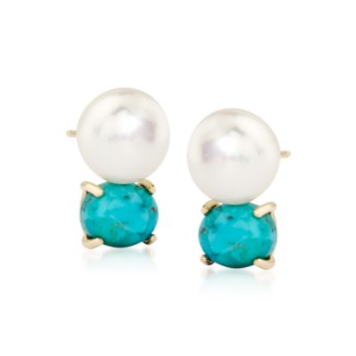 11-11.5mm Cultured Pearl and Turquoise Earrings In Vermeil &mdash; Alt Image 1