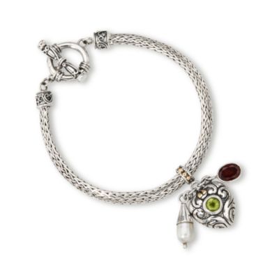 Heart Charm Bracelet With Garnet and Cultured Pearl In Sterling Silver and 18kt Yellow Gold &mdash; Alt Image 1