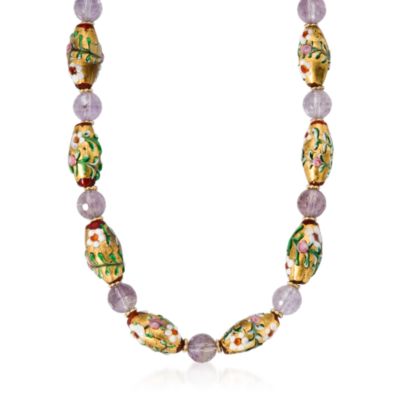 70.00 ct. t.w. Amethyst and Hand-Painted Glass Bead Necklace In Vermeil &mdash; Alt Image 1