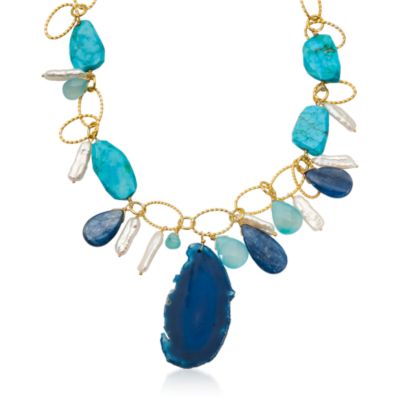 Multi-Gem and Blue Agate Slice Necklace In Vermeil &mdash; Alt Image 1